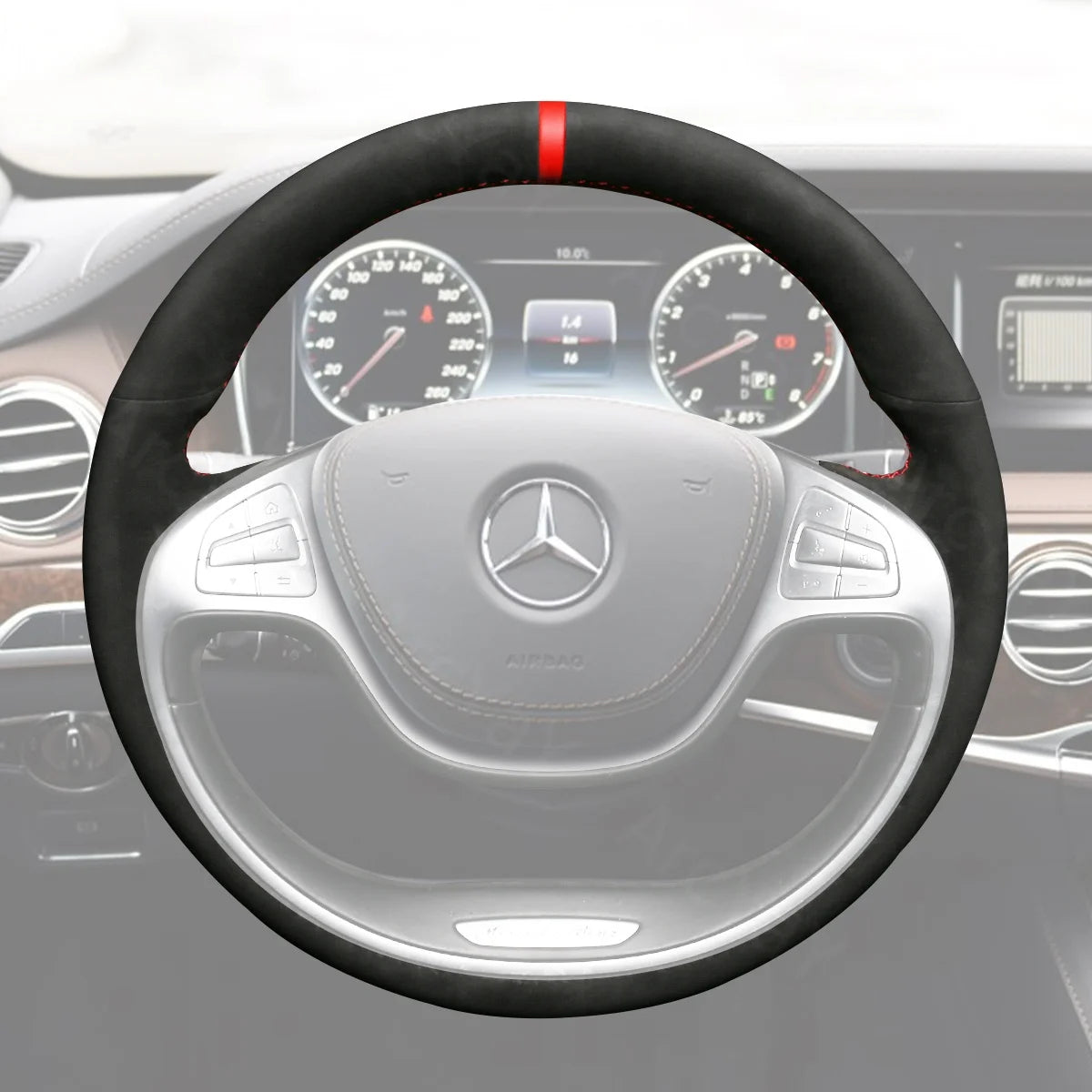 Custom-fit steering wheel cover for Mercedes Benz S-Class W222 (2014-2017). Adds luxury and comfort for your driving experience.