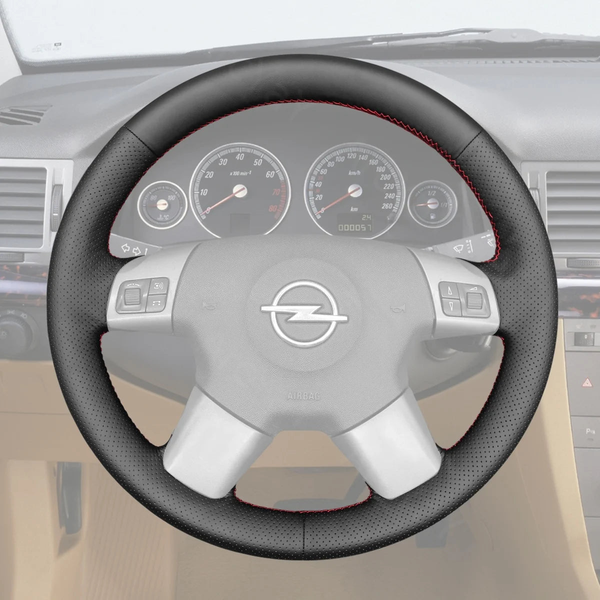 Steering wheel cover for Opel Vectra C (2002-2005). Custom-designed for a perfect fit and added comfort.