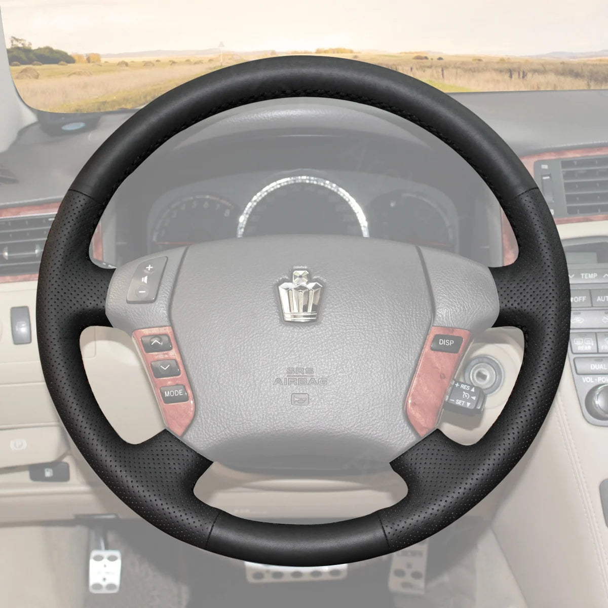 Custom steering wheel cover for Toyota Crown (2006-2009). Tailored for comfort and a luxury interior upgrade.