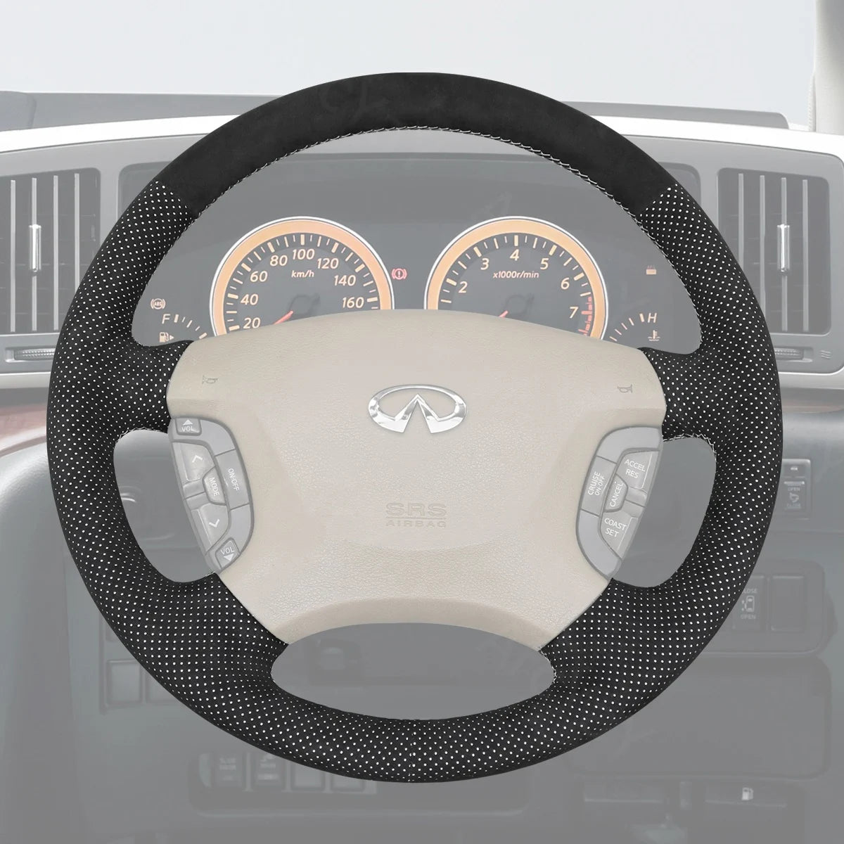 Steering wheel cover for Infiniti Q45 (2002-2006). Crafted for luxury and comfort, enhancing your driving experience.