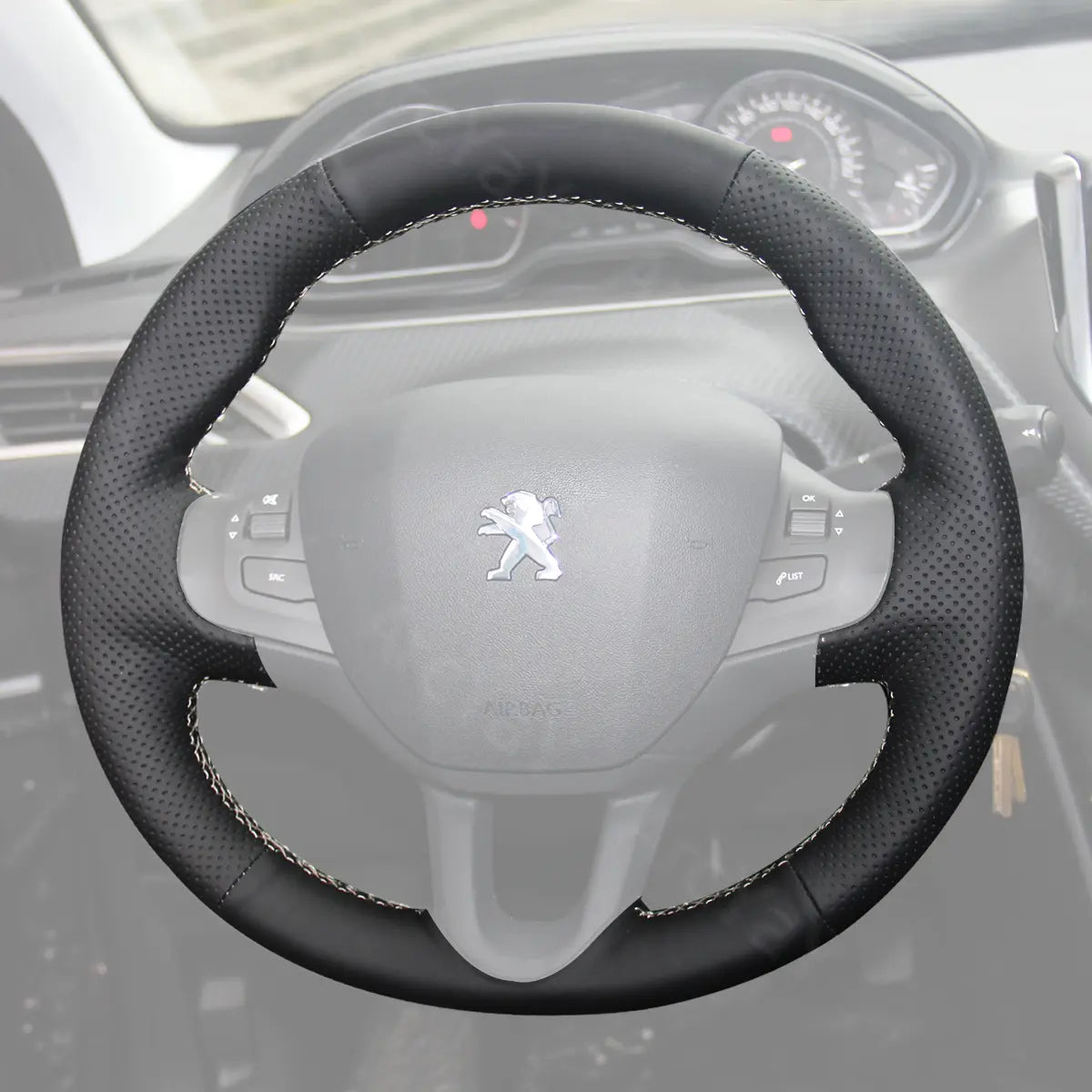 Sporty-design steering cover for Peugeot 208 (2012-2019). Enhances grip & style for modern compact cars.