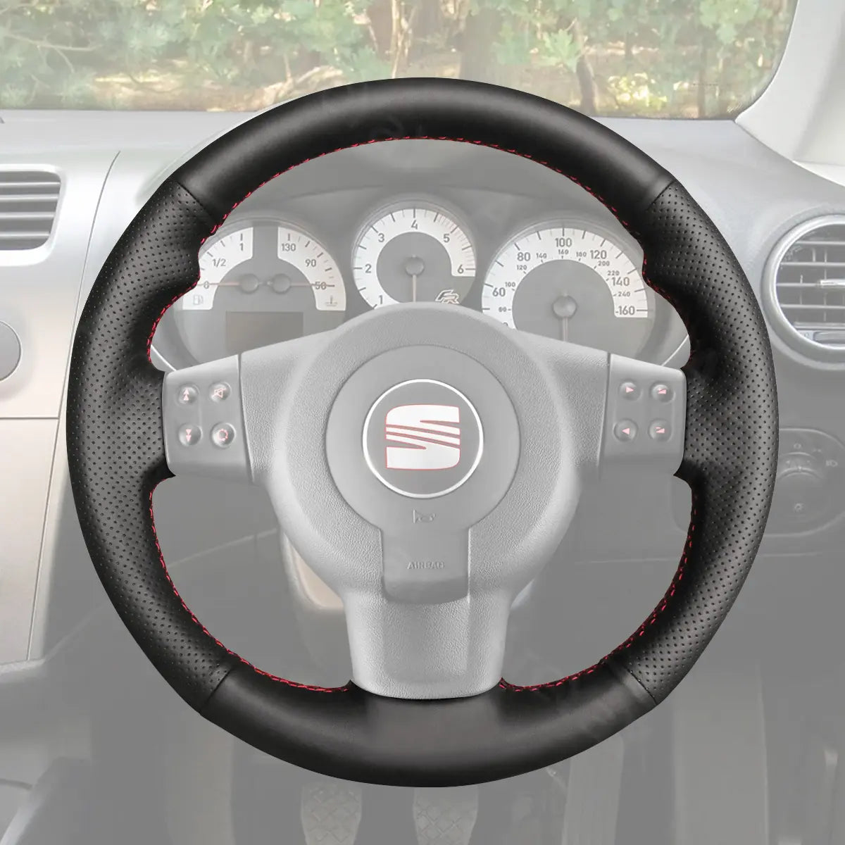 Sporty steering wrap for SEAT Ibiza FR/Leon Cupra (2005-2009). Performance-inspired design.